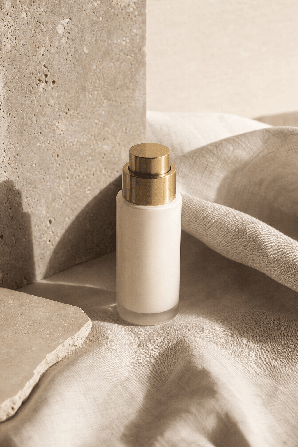 Flacon de gel-crème posé sur lin, lumière basse et chaude du soir.