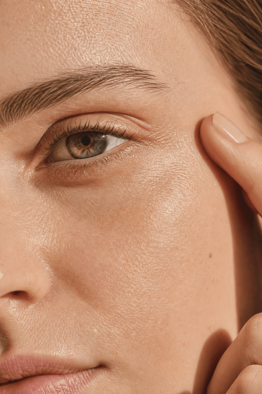 Gros plan doux sur la zone du regard, lumière latérale révélant le relief sous l'œil.