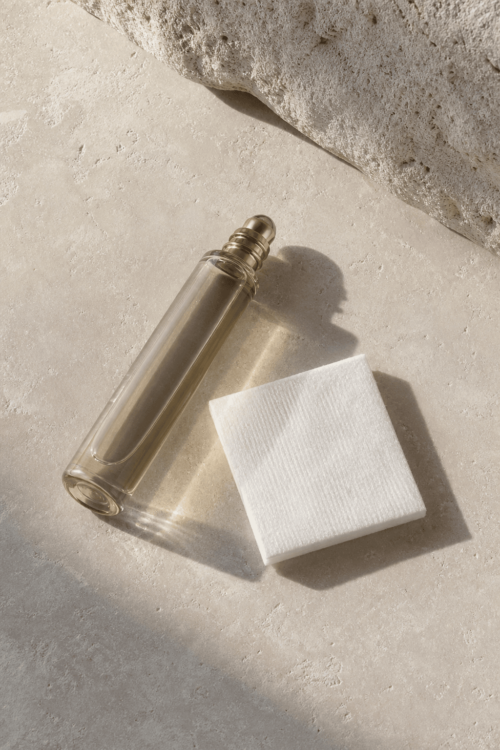 Flacon de sérum regard et coton posés sur pierre claire, lumière douce du matin.